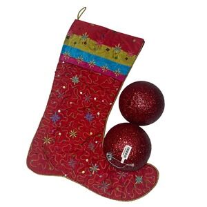 Pier 1 Red Holiday Christmas Stocking Sequin Embellished Festive Decor Ornaments